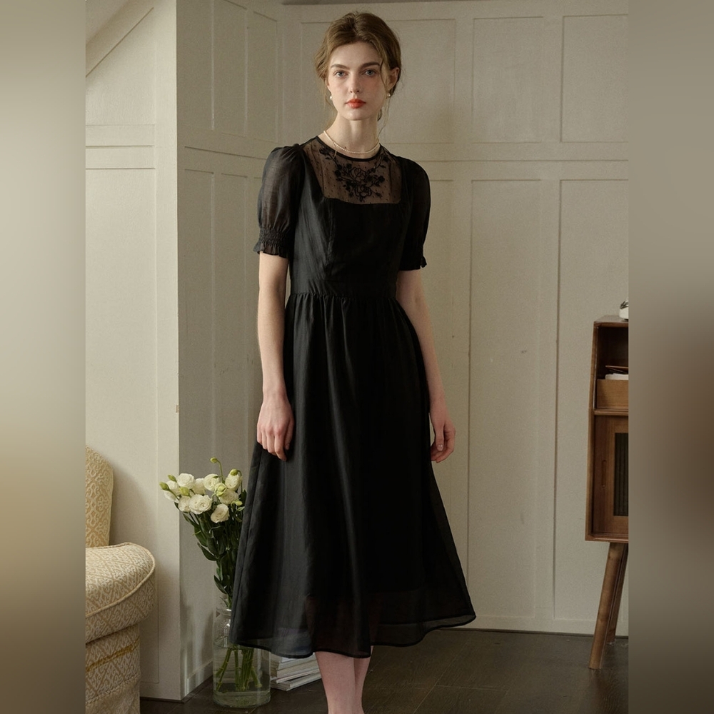 Classic Black Midi Dress with Sheer Lace Yoke